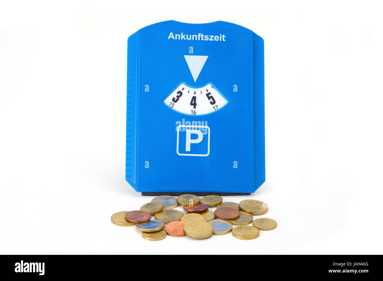 Parkscheibe mit Geldmünzen auf hellem Hintergrund Stock Photo