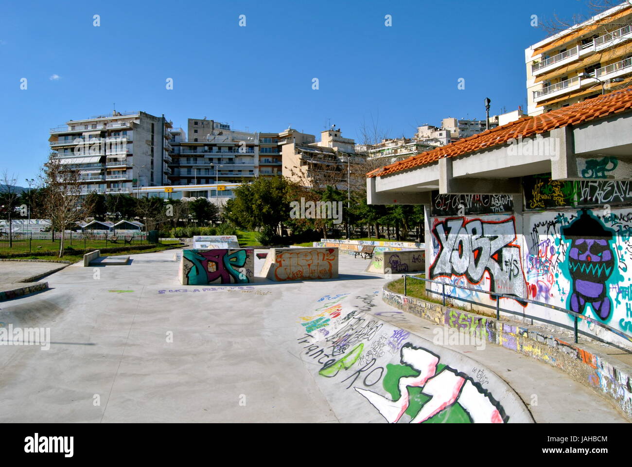 Graffiti covered skatepark, Kavala, Greece Stock Photo