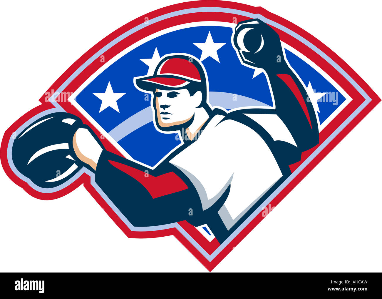 Illustration of a american baseball player pitcher outfielder throwing