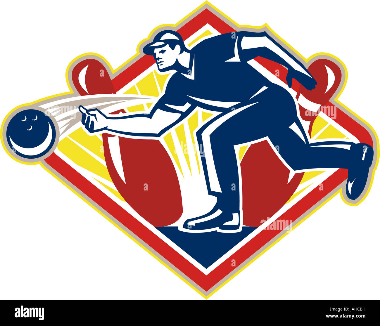 Illustration of a bowler bowling striking pins set inside diamond shape