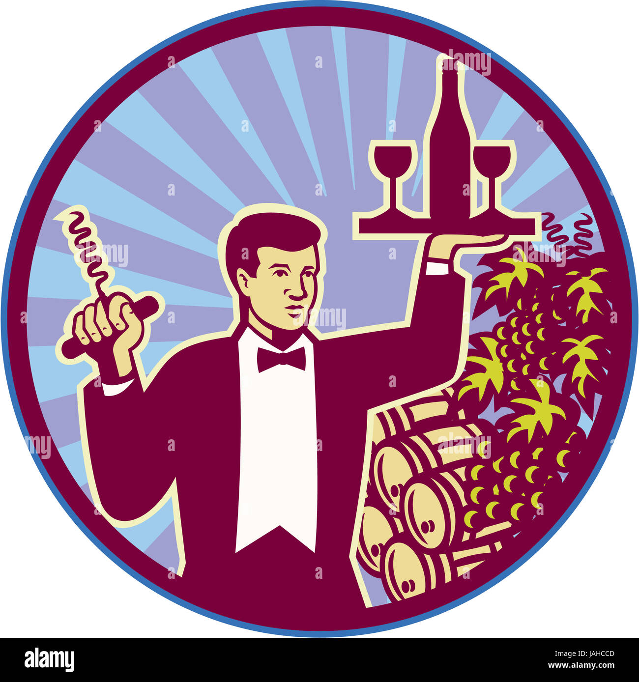 Retro style illustration of a waiter serving carrying wine glass and bottle on one hand and corkscrew on the other with wine barrels and grape vine in background set inside circle. Stock Photo
