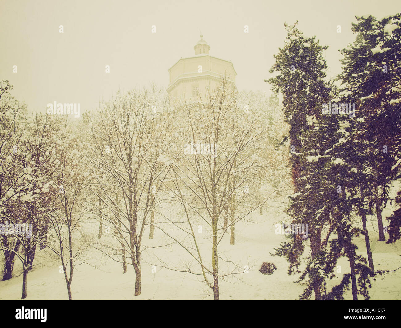 Vintage looking Church of Monte Dei Cappuccini Turin Italy winter