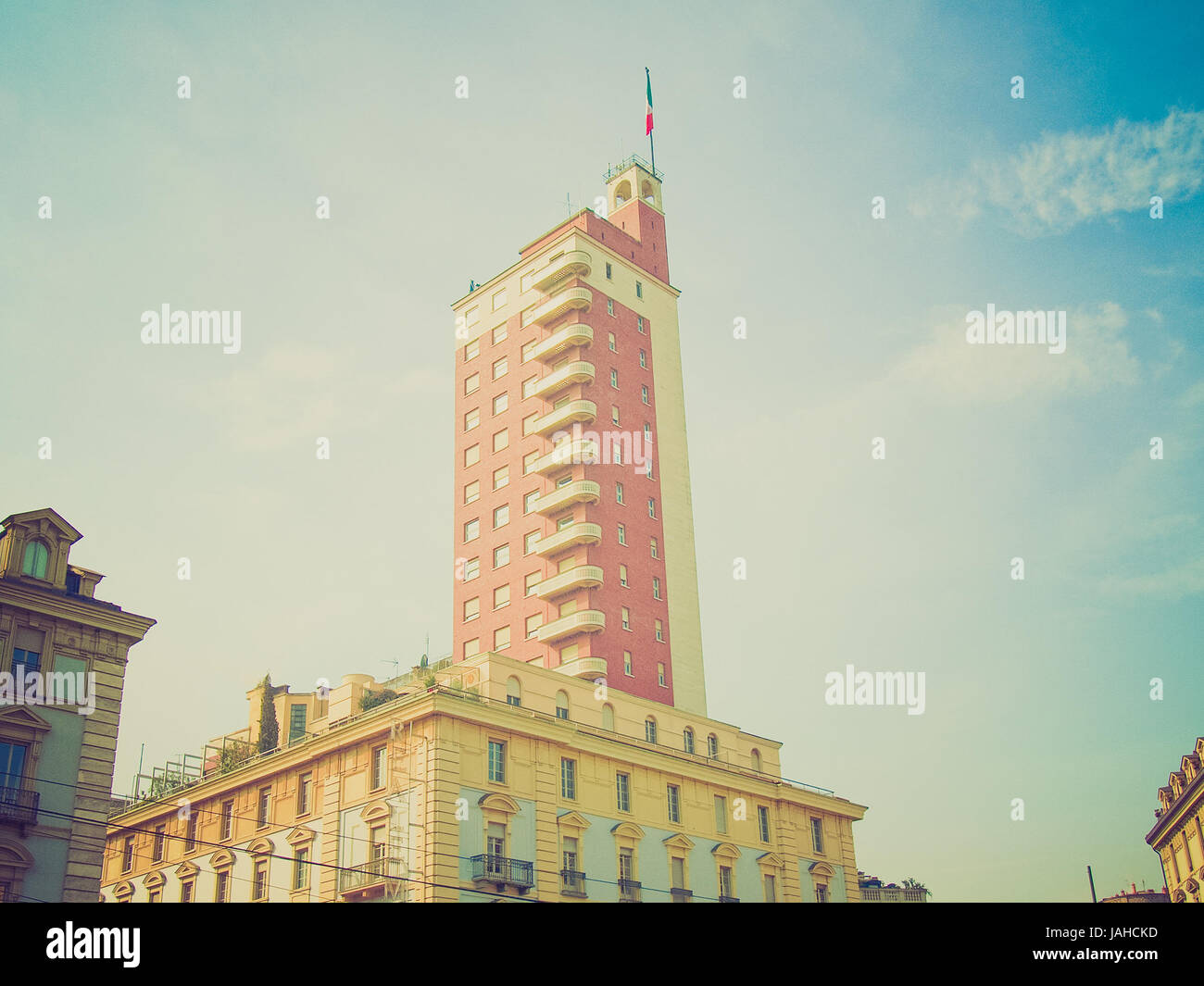 Vintage looking Torre Littoria skyscraper in Piazza Castello, Turin
