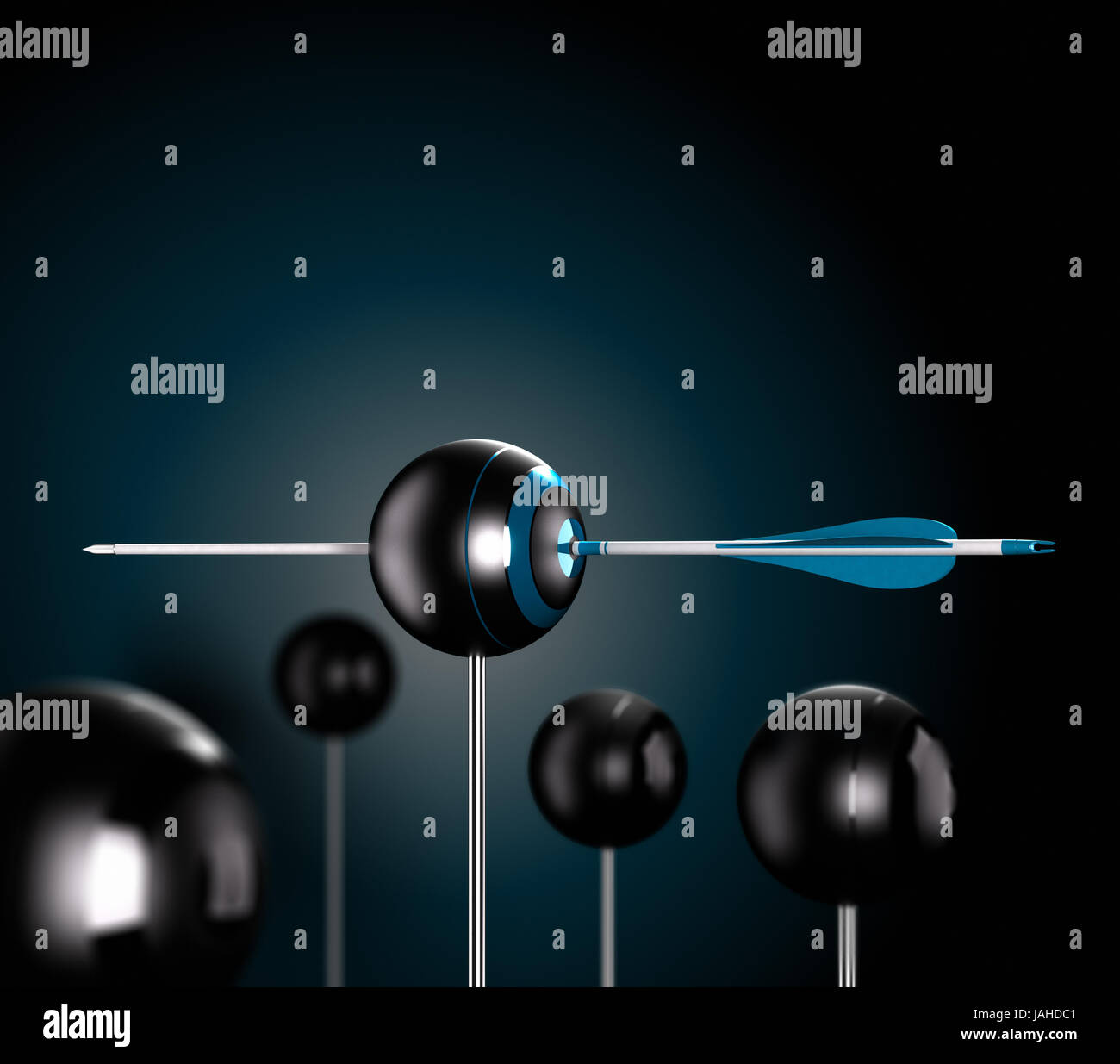 One blue arrow piercing the center of a ball target over a black ...