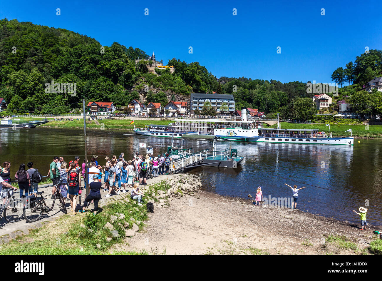 People are waiting at the Ferry Boat, Kurort Rathen, Saxon Switzerland, Saxony Cycle path, Germany, Europe Stock Photo