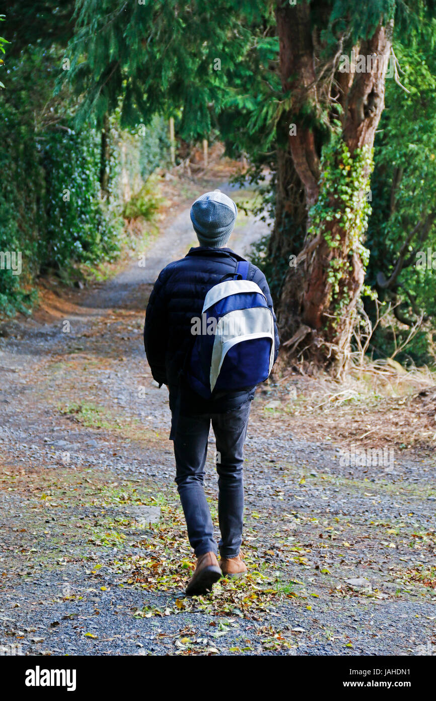 Young man carrying backpack walking away from camera Stock Photo