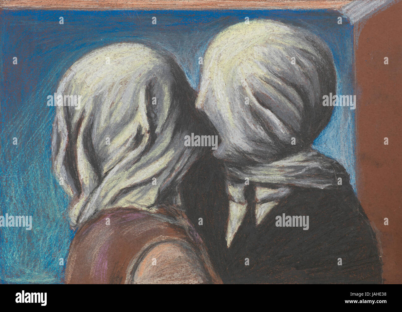 pastel reproduction after the famous painting Lovers kiss by Magritte