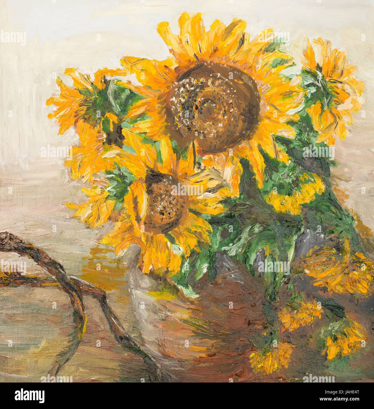 oil painting illustrating still life with sunflowers in ceramic vase ...