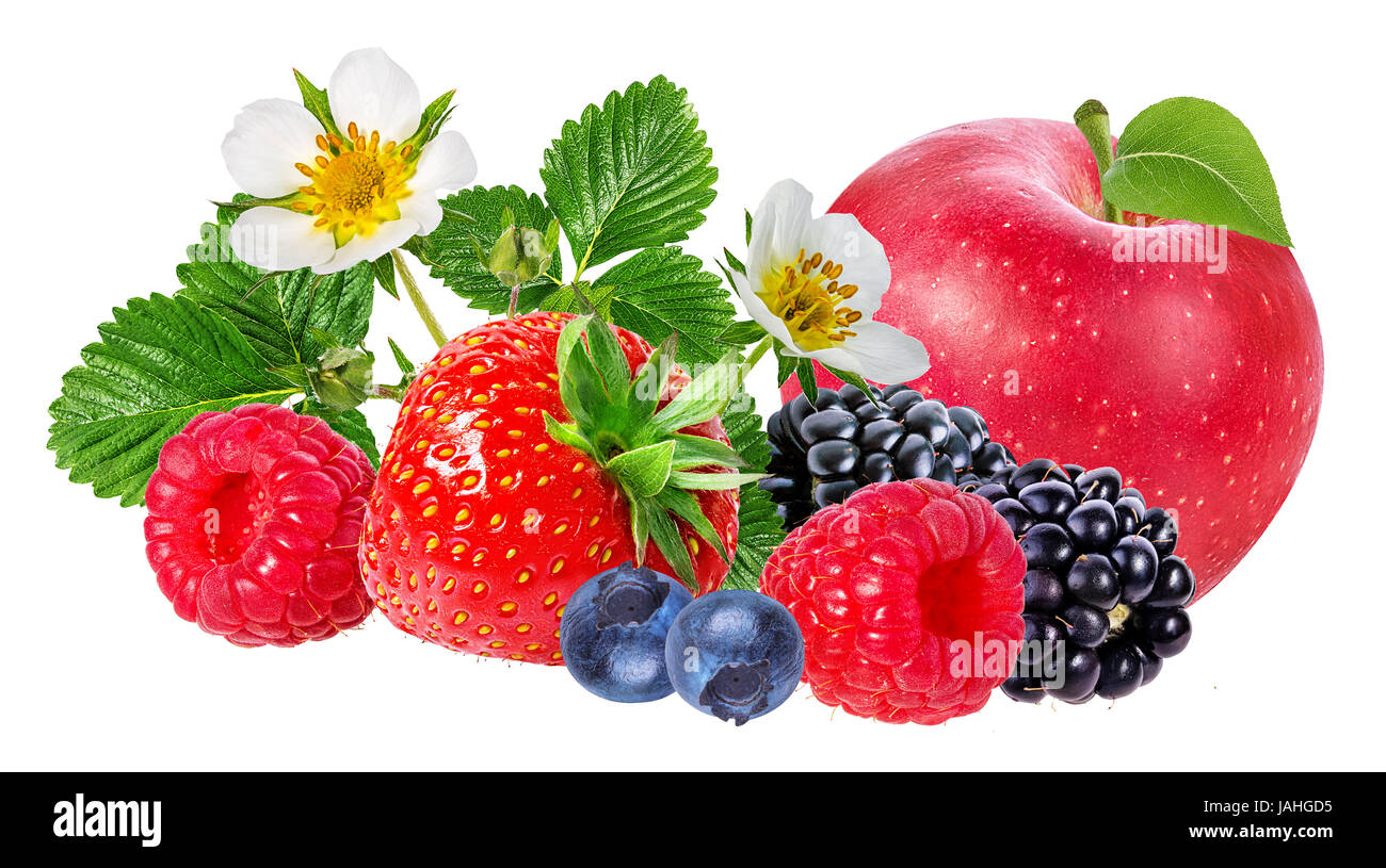 strawberry,apple,raspberry,blackberry, bilberry, blueberries isolated on white background Stock Photo