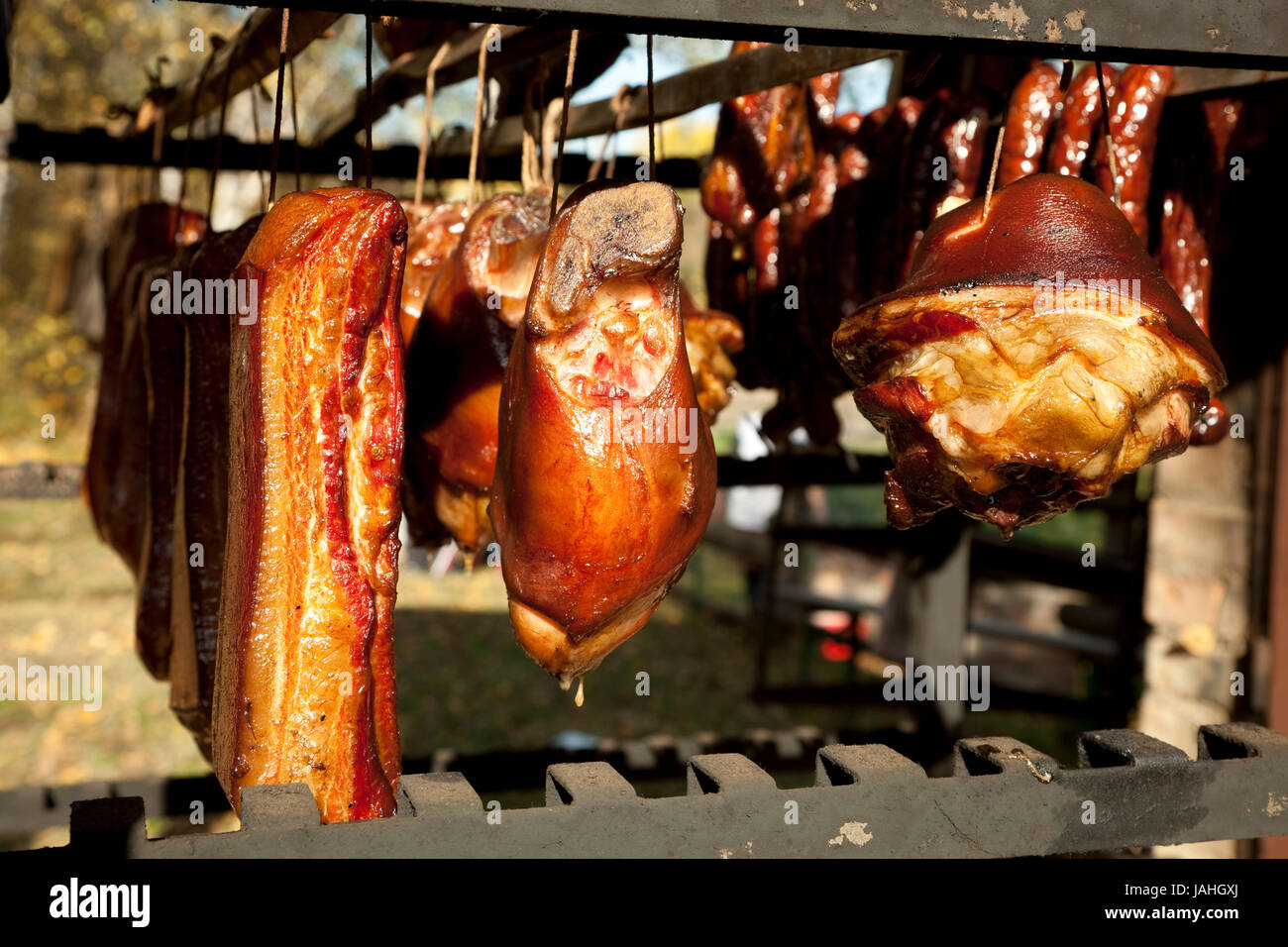 smoked meat with pork hang on string Stock Photo - Alamy