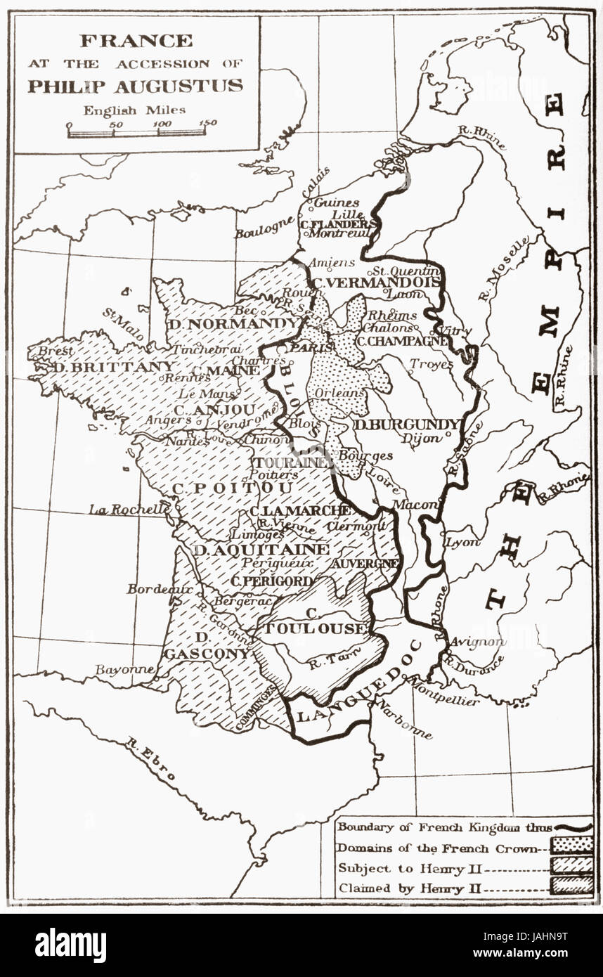 Map of France at the accession of Philip II, aka Philip Augustus,1180.   From France, Mediaeval and Modern A History, published 1918. Stock Photo