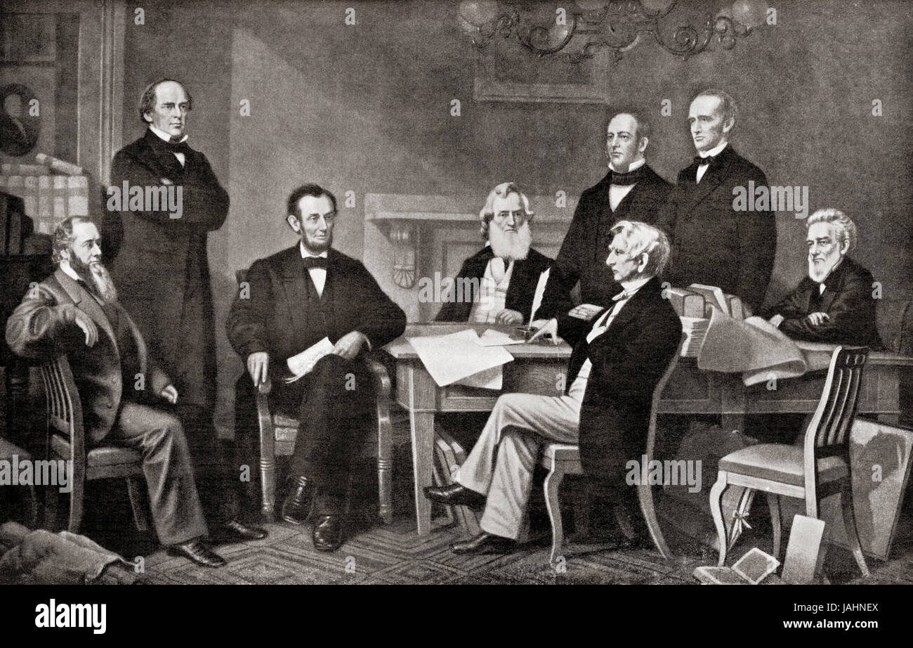 First Reading of the Emancipation Proclamation of President Lincoln, 1862.  From left to right, Edwin Stanton, Secretary of War, Salmon Chase, Secretary of the Treasury, President Abraham Lincoln,  Gideon Welles, Secretary of the Navy, Caleb B. Smith, Secretary of the Interior, William Seward, Secretary of State, Montgomery Blair, Postmaster General, Edward Bates, Attorney General.  From Hutchinson's History of the Nations, published 1915. Stock Photo