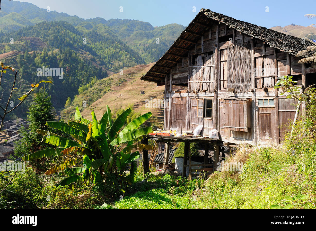 Wooden houses in the Longsheng village near Guilin, Guanxi province, China Stock Photo