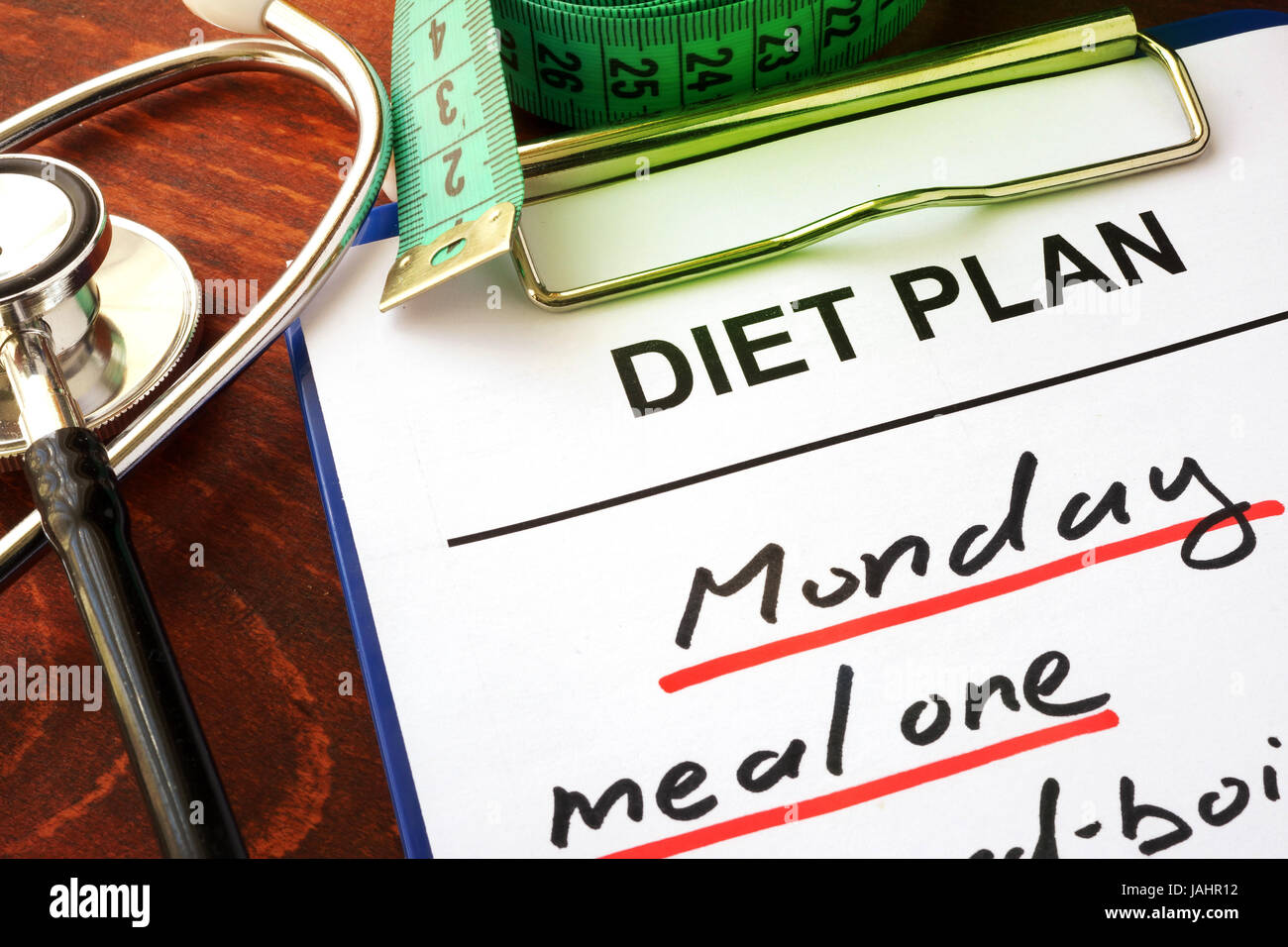 Stethoscope and diet plan. Diabetes diet concept. Stock Photo