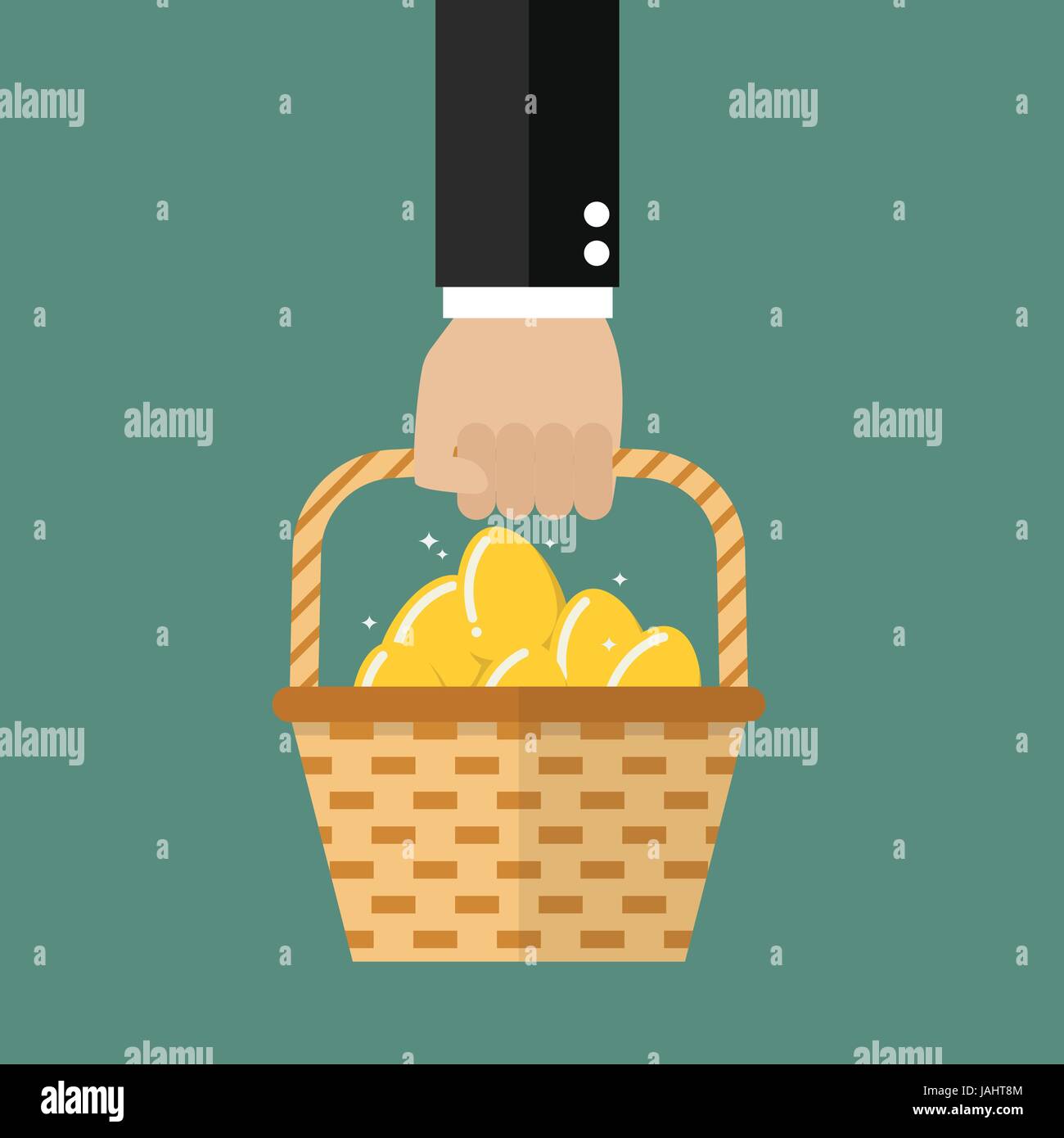 Hand holding wicker basket with golden eggs. Vector illustration Stock Vector
