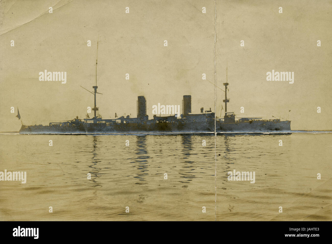 Antique c1908 photograph, USS Cleveland in the Philippine Islands. The USS Cleveland (C-19/PG-33/CL-21) was a United States Navy Denver-class protected cruiser. She was launched 28 September 1901 by Bath Iron Works, Bath, Maine, and commissioned 2 November 1903. SOURCE: ORIGINAL PHOTOGRAPHIC PRINT. Stock Photo