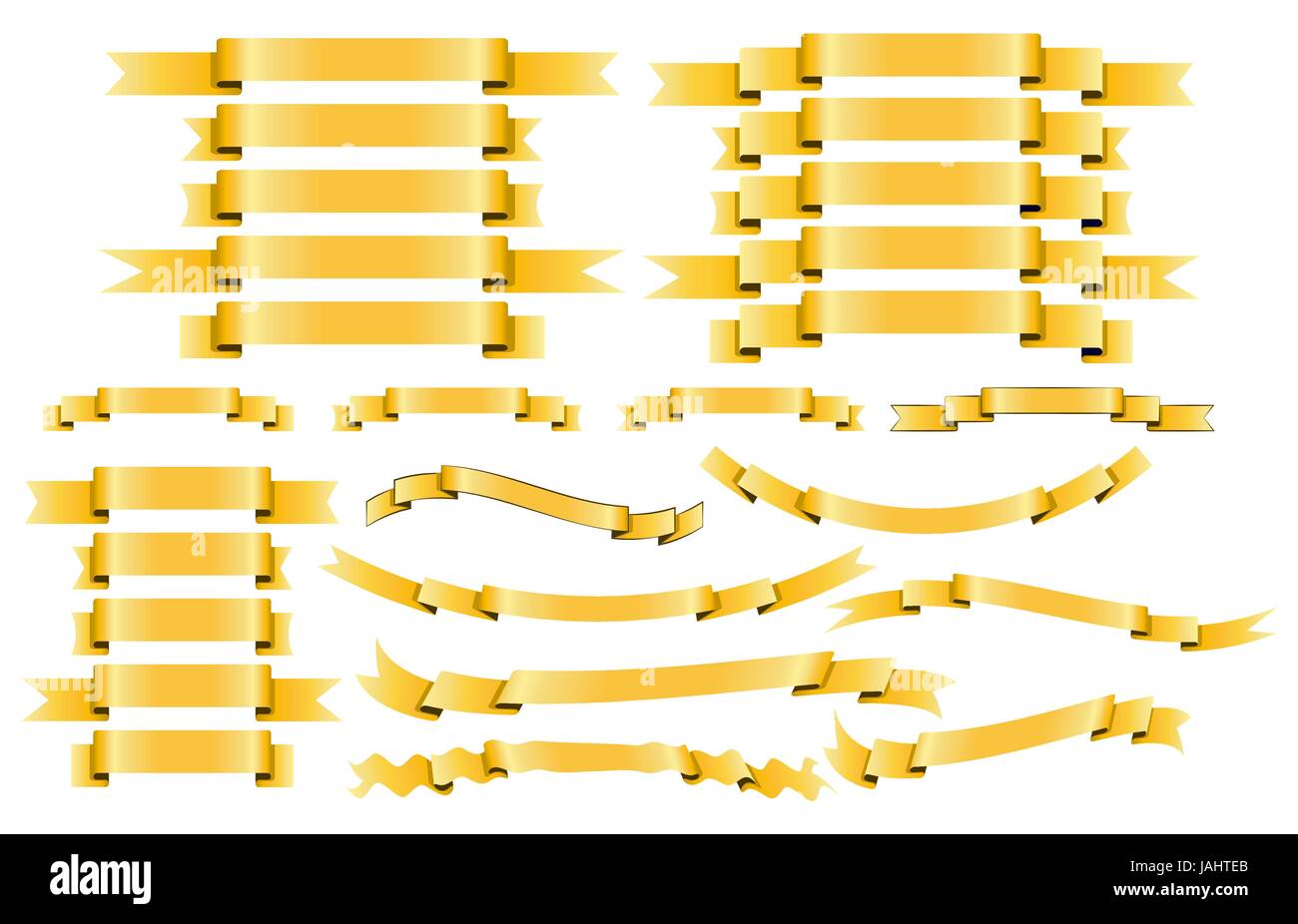 Set of yellow gold vector silk ribbons on white background. Banner