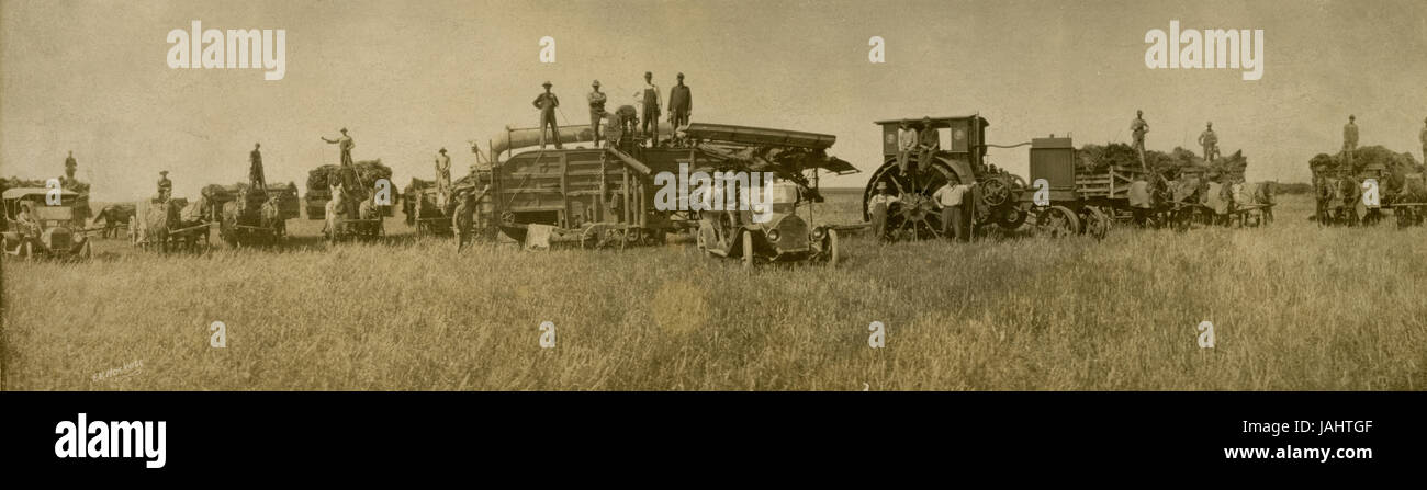 Antique c1910 photograph, farm equipment in Minnesota, USA, with Minneapolis-brand, thresher. SOURCE: ORIGINAL PHOTOGRAPHIC PRINT. Stock Photo