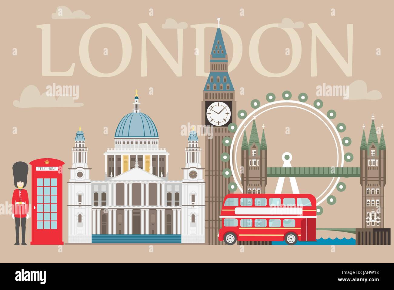 London travel info graphic. Vector illustration, Big Ben, eye, tower bridge and double decker bus, Police box, St Pauls Cathedral, queens guards, telephone. Stock Vector