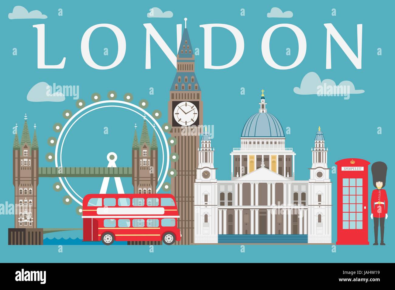 London travel info graphic. Vector illustration, Big Ben, eye, tower bridge and double decker bus, Police box, St Pauls Cathedral, queens guards, telephone. Stock Vector