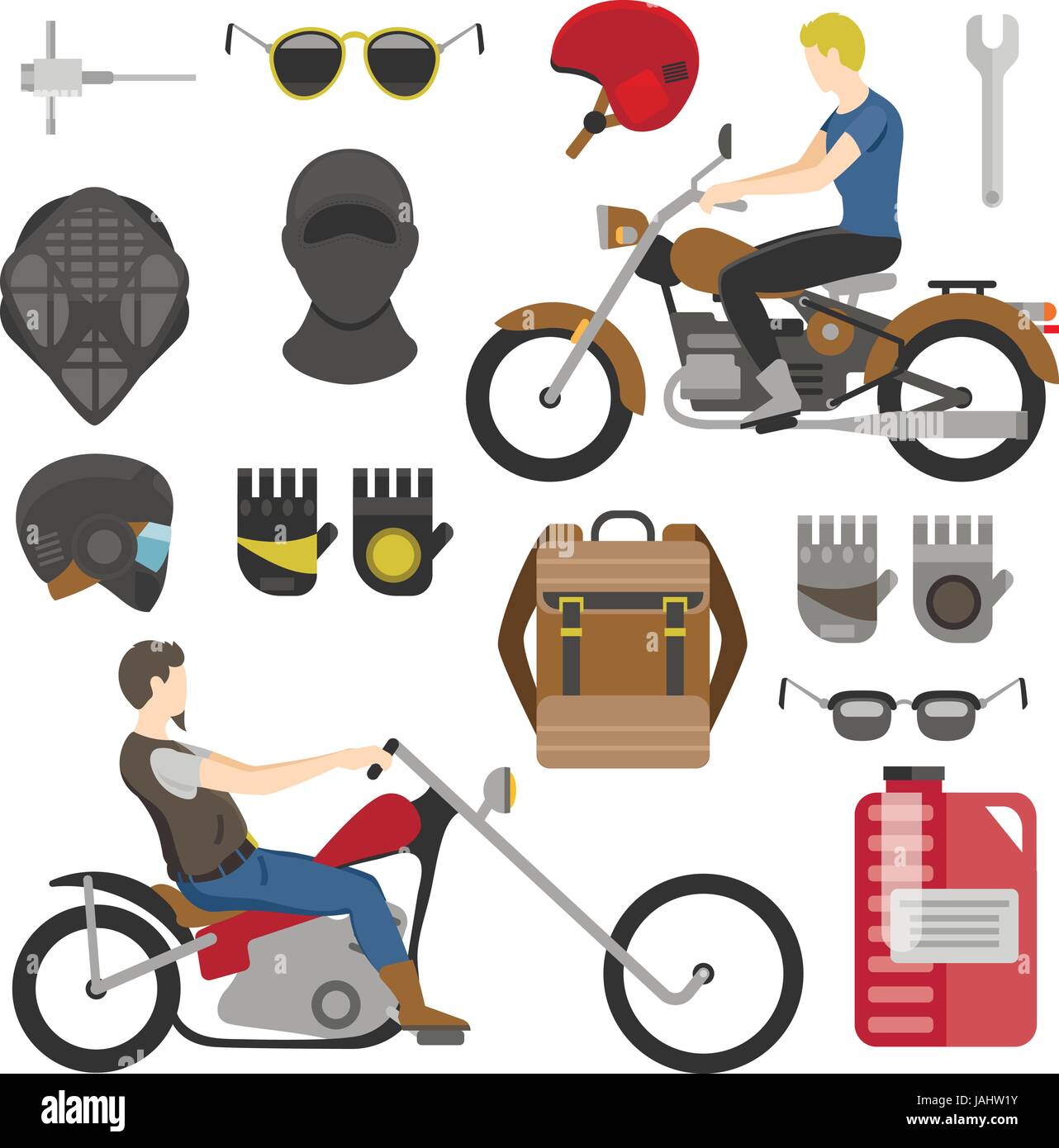 Two motorcyclist with accessories set. helmets, backpack and motor oil. tools, sunglasses, mask and gloves. Stock Vector