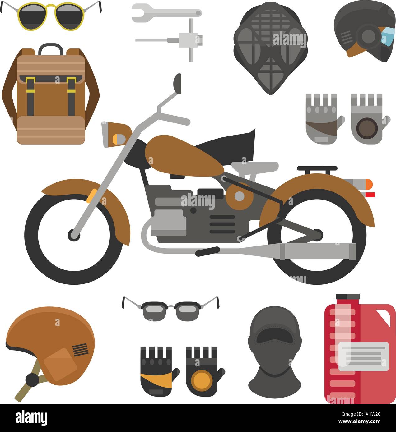 motorcycle with accessories set. helmets, backpack and motor oil. tools, sunglasses, mask and gloves. Stock Vector