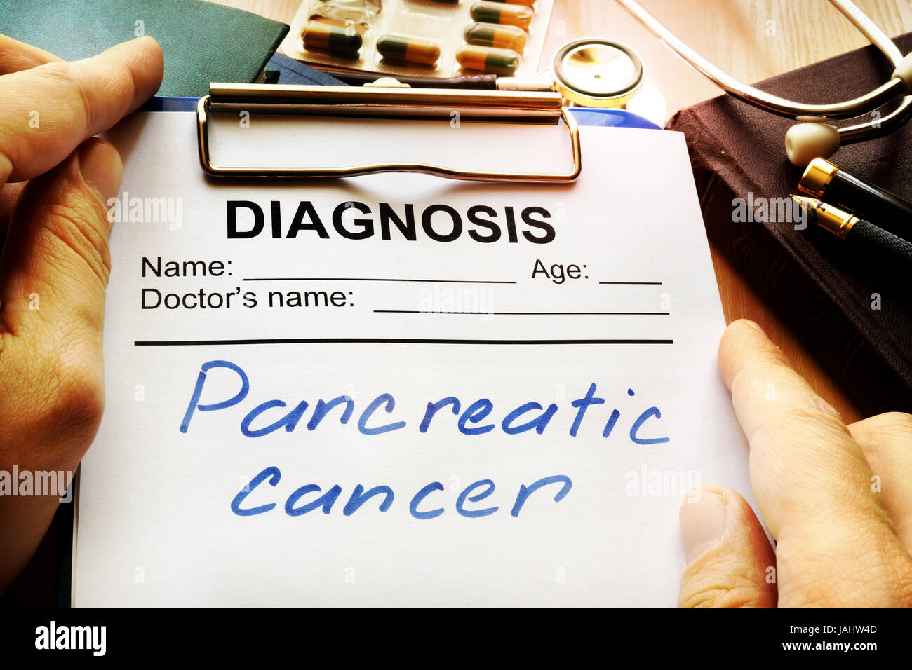 Pancreatic cancer diagnosis on a medical form. Stock Photo