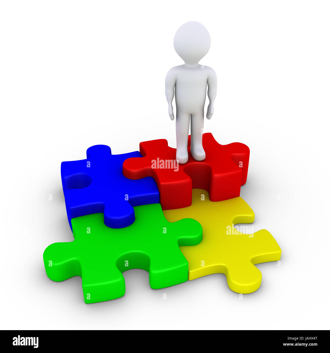 Four different 3d puzzle pieces and a person standing on top Stock Photo -  Alamy