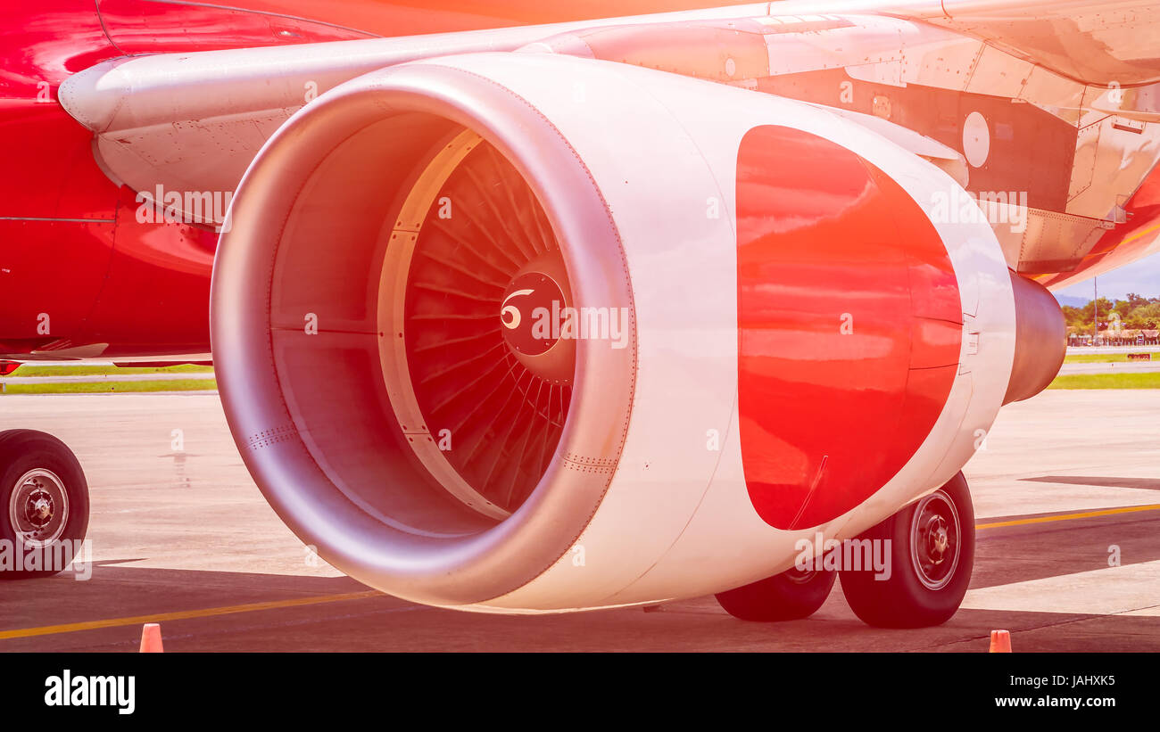 Turbine of passenger plane in airport Stock Photo