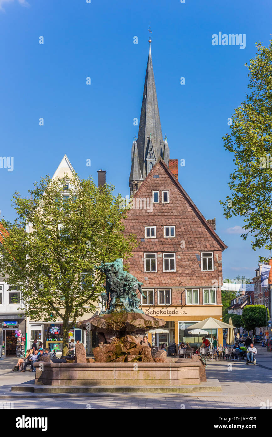 Houses and church tower at the market square of Detmold, Germany Stock Photo