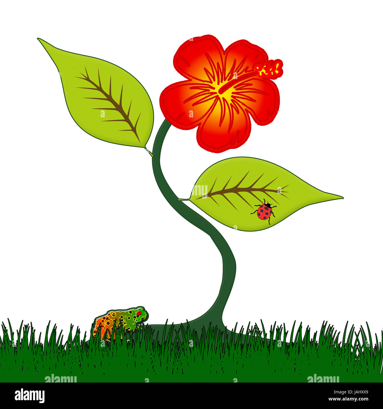 Simple graphic design of a plant, flower and two small animals, ladybug
