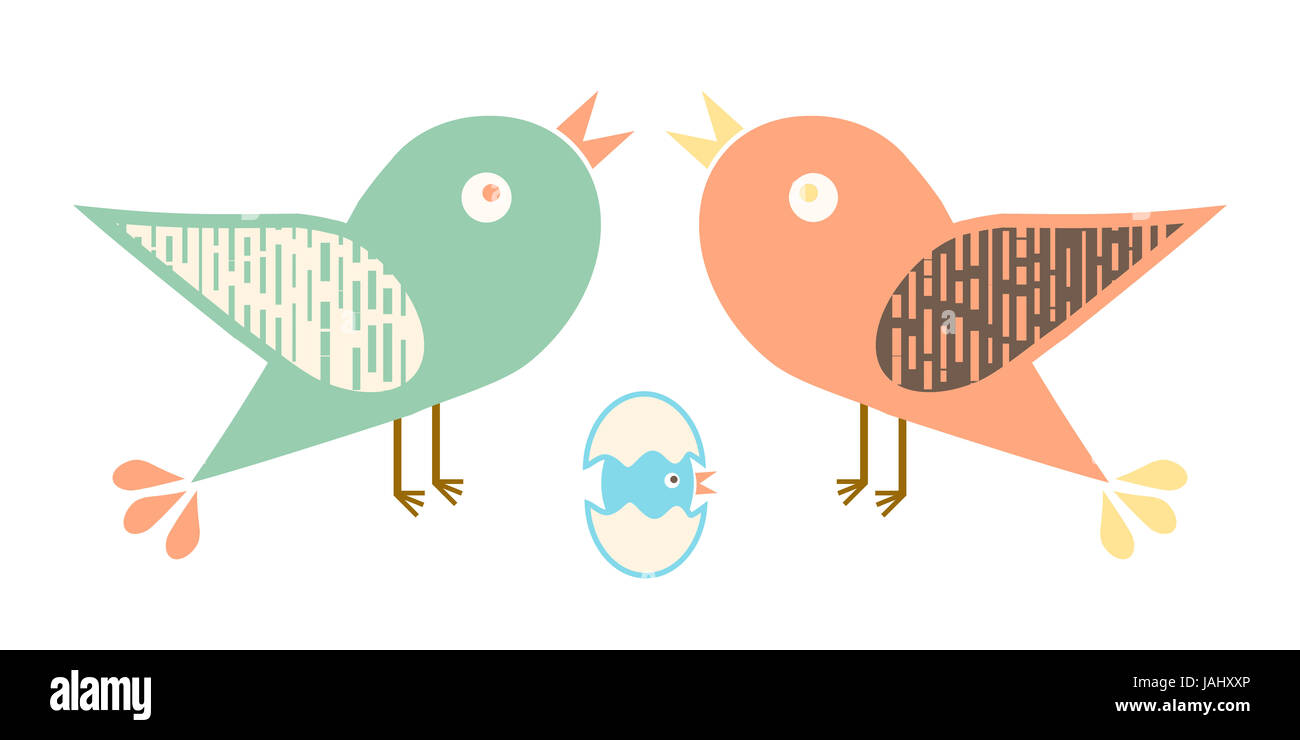 Two birds and hatched egg. Digital art for children. Stock Photo