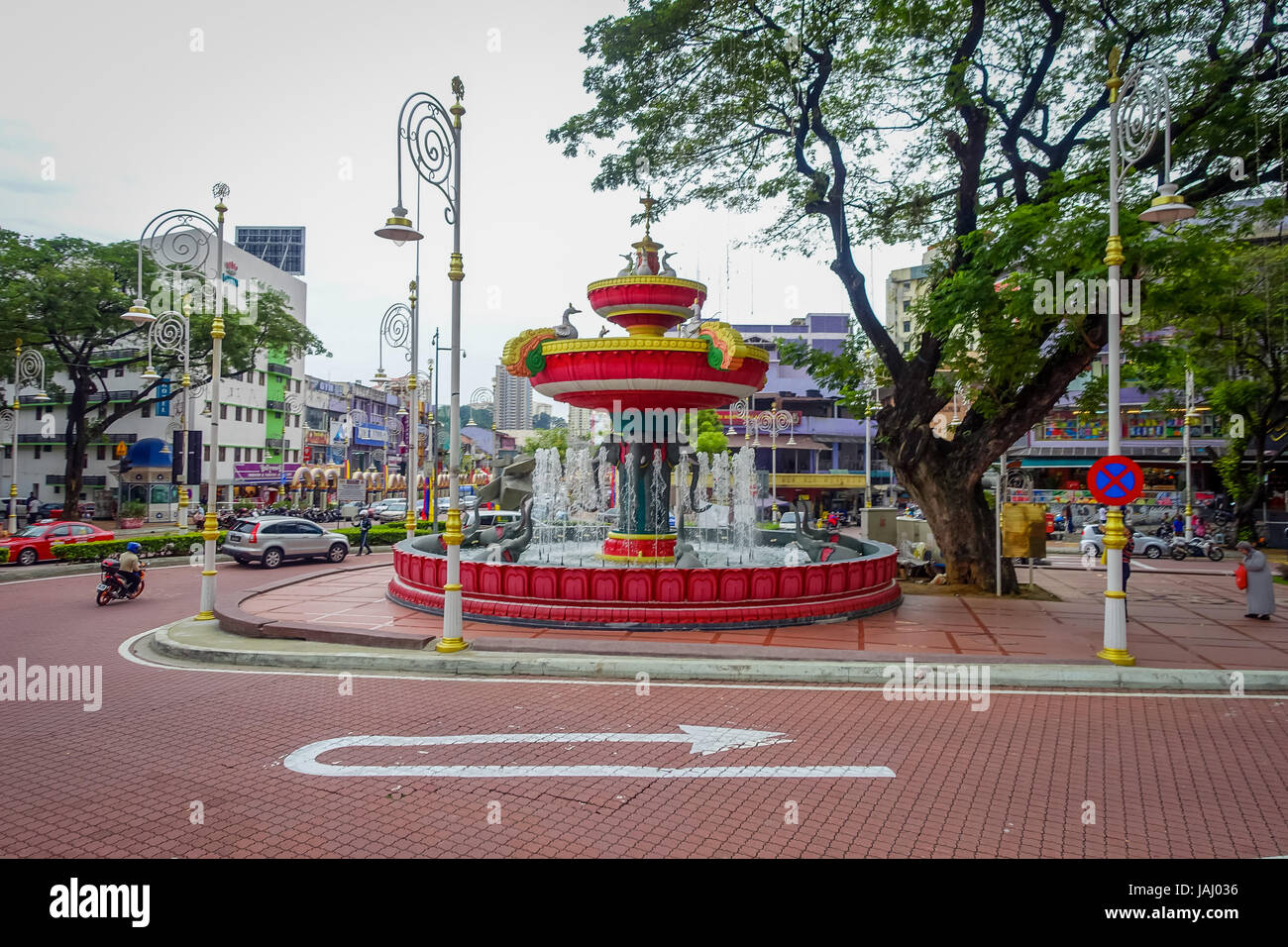 Kuala Lumpur, Malaysia - March 9, 2017: Ganesh elphant water fountain in Little India neighborhood, recently transformed into a wide street with Indian stores and restaurants. Stock Photo
