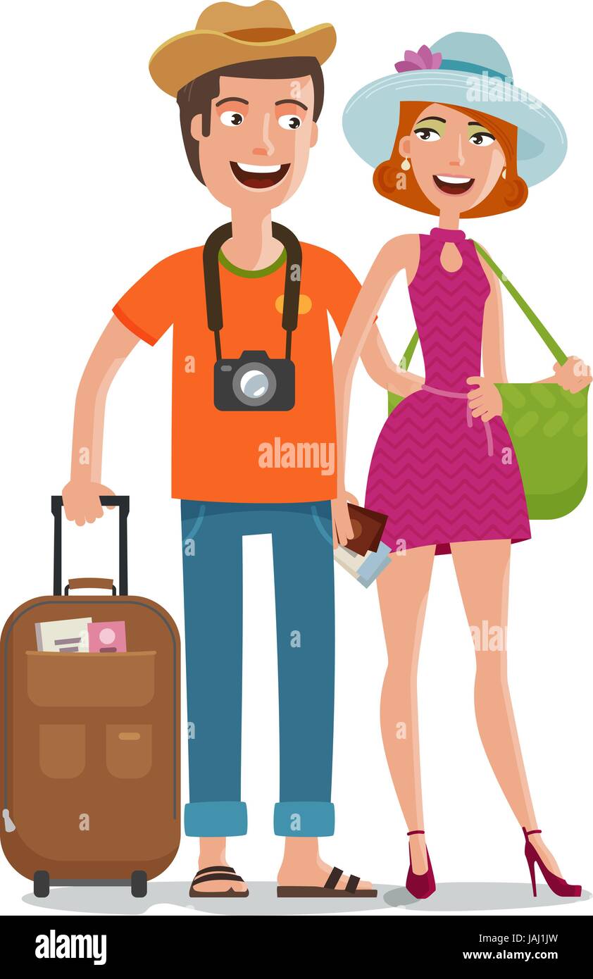 Travel, journey, honeymoon trip concept. People, couple goes on vacation with bags in hands. Cartoon vector illustration Stock Vector