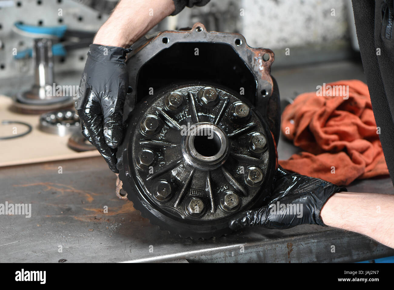 Removing ring gear and differential from BMW Alpina Stock Photo