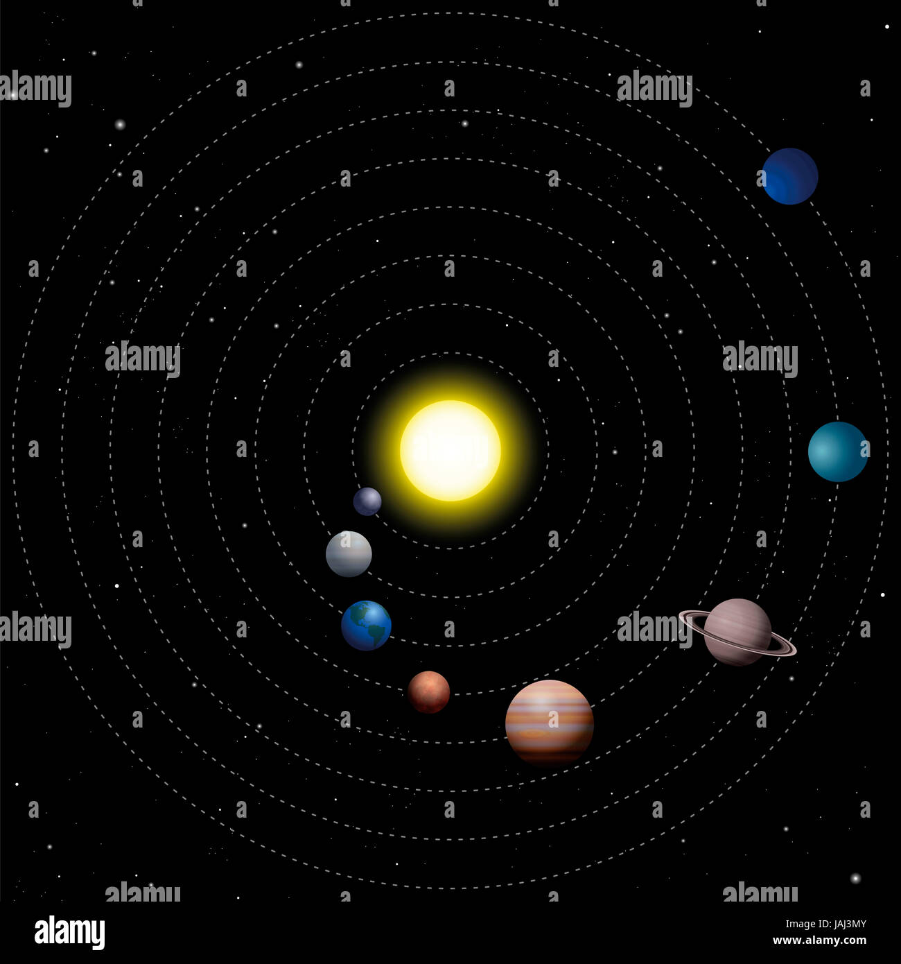Solar system - schematic model of the sun with the eight planets that orbit it - Mercury, Venus, Earth, Mars, Jupiter, Saturn, Uranus, Neptune. Stock Photo