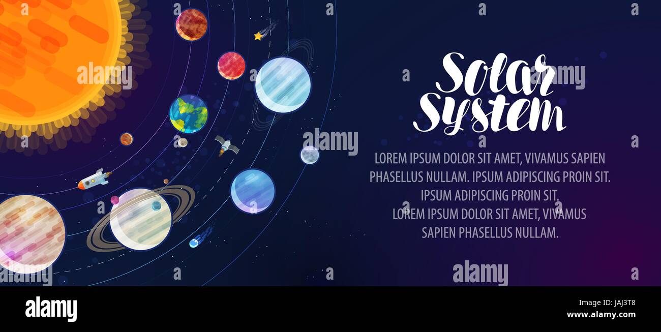 Solar system, banner. Space, sun, planets, comets, stars and constellations concept. Vector illustration Stock Vector
