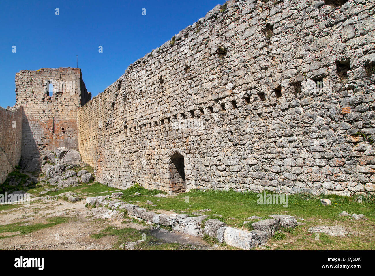 Walls of the Montsegur Castle, Occitanie, France. Stock Photo