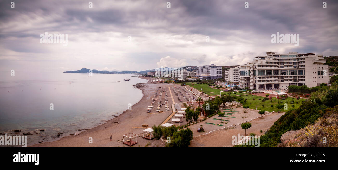 Beachfront Hotels, Kallithea Bay, Rhodes, Greece Stock Photo