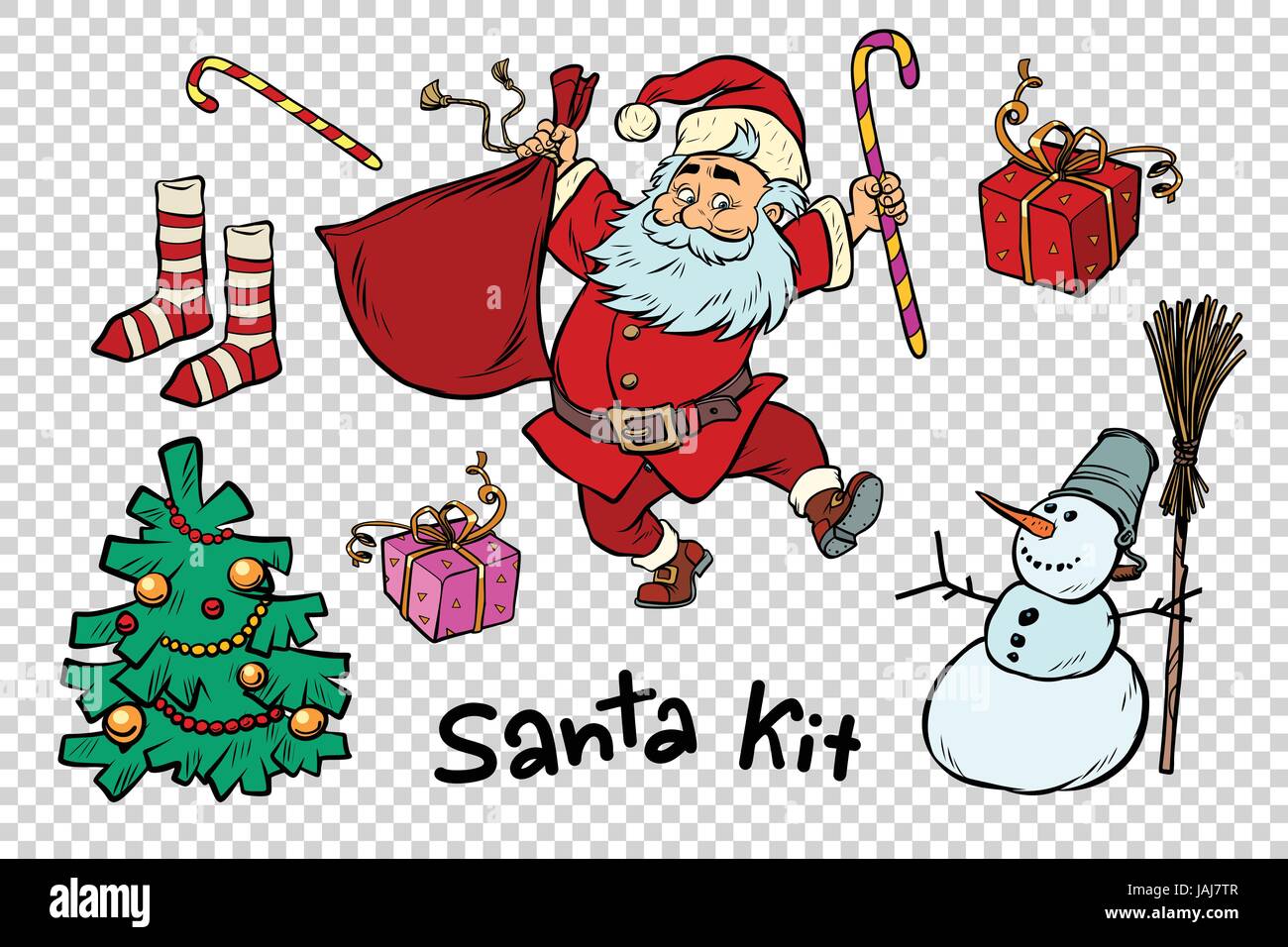 Kit Santa set Christmas New year items and characters Stock Vector