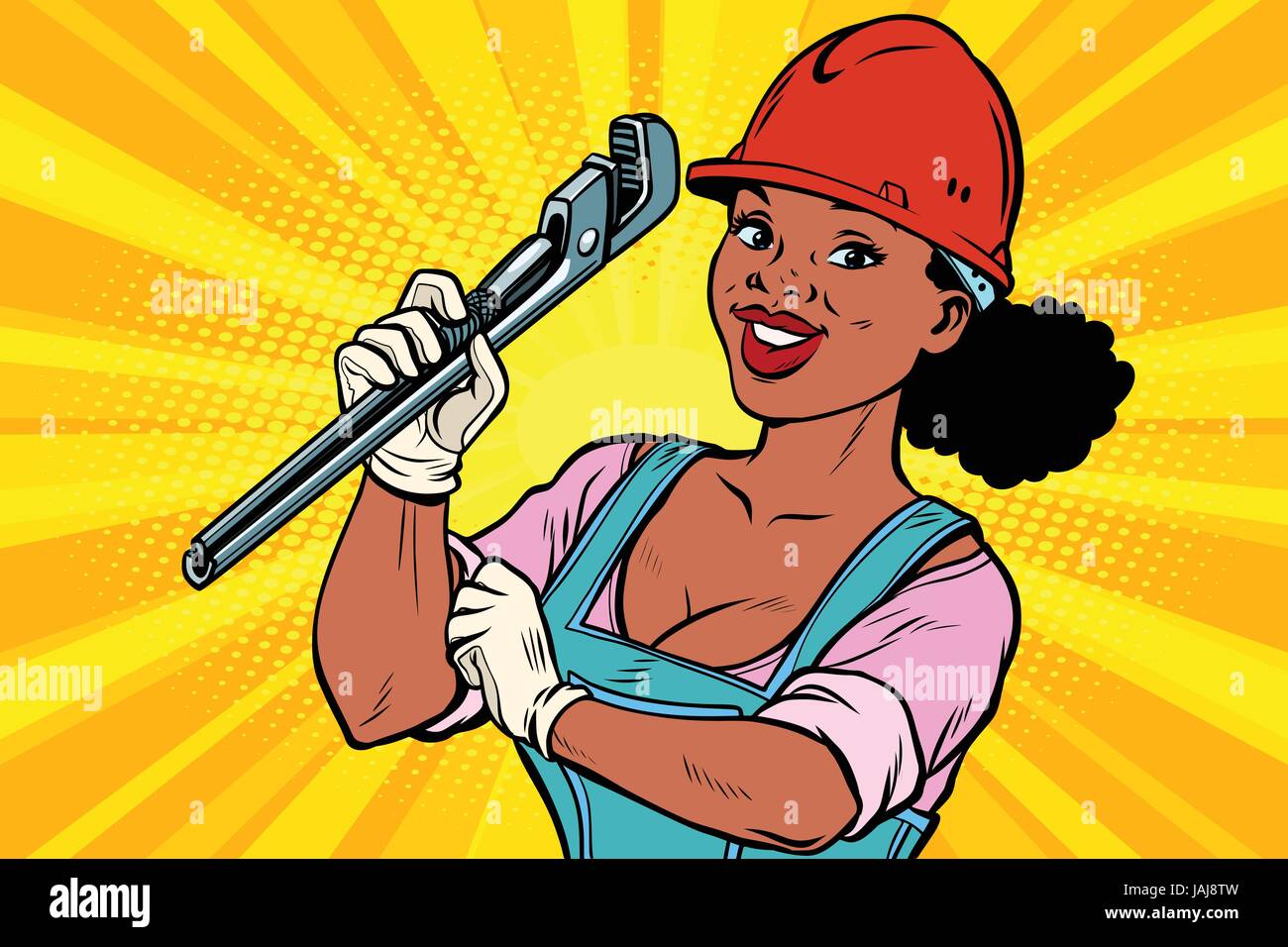 Construction worker with adjustable wrench. Woman professional Stock Vector