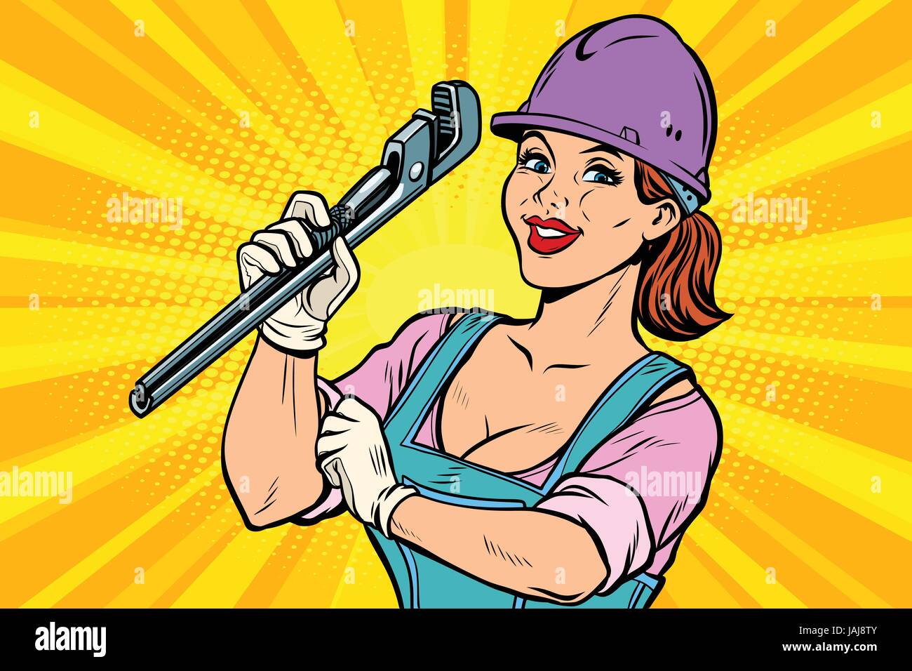 Construction worker with adjustable wrench. Woman professional Stock Vector