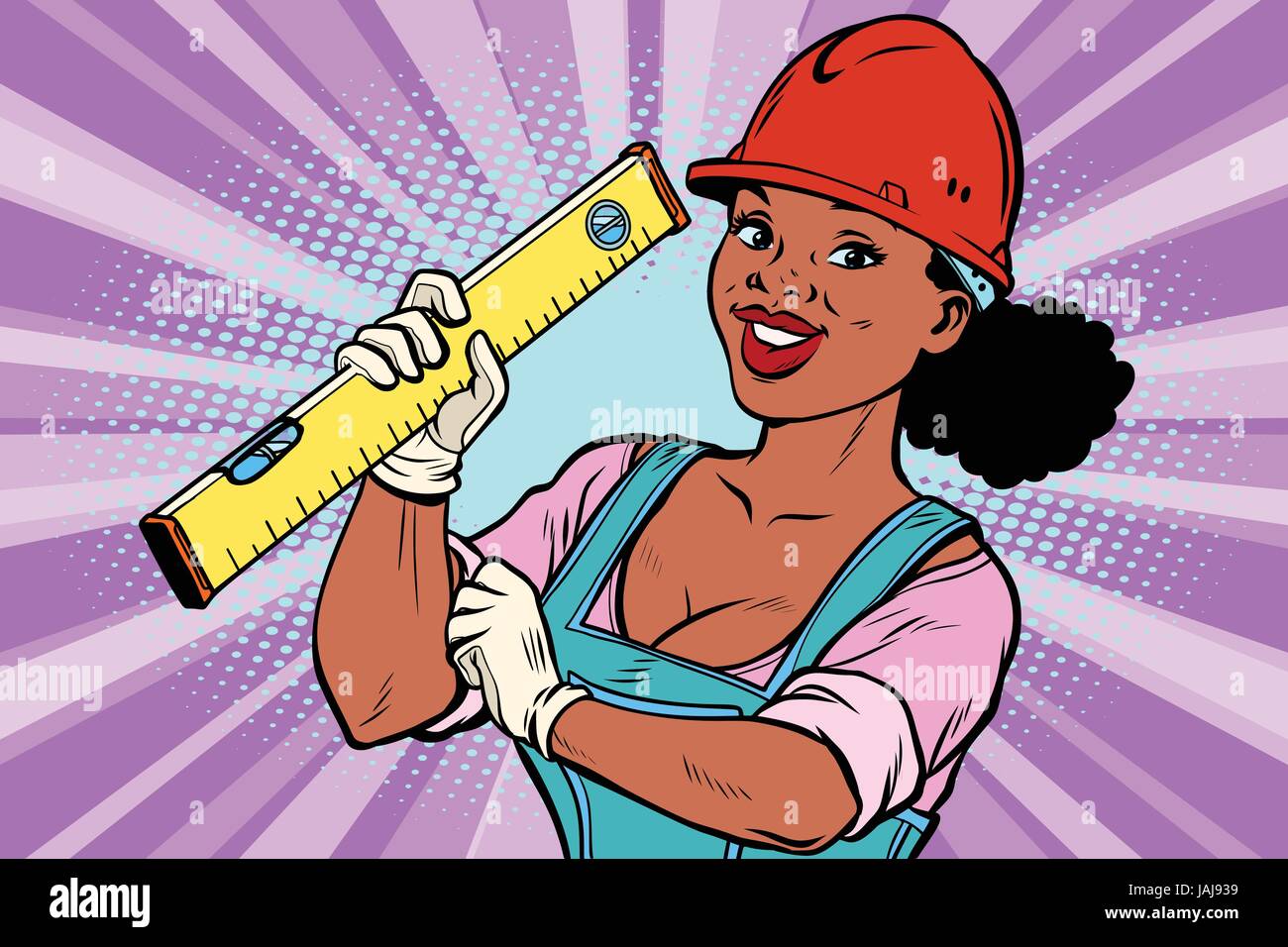 Construction worker with level. Woman professional Stock Vector