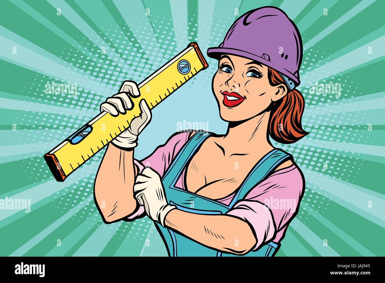 Construction worker with level. Woman professional Stock Vector Image ...