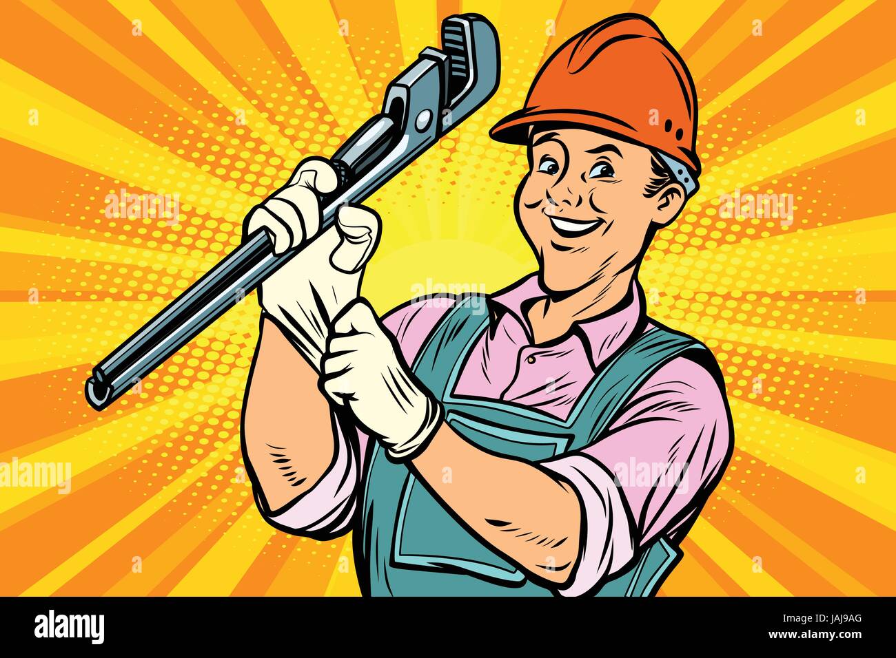 Construction worker with adjustable wrench Stock Vector