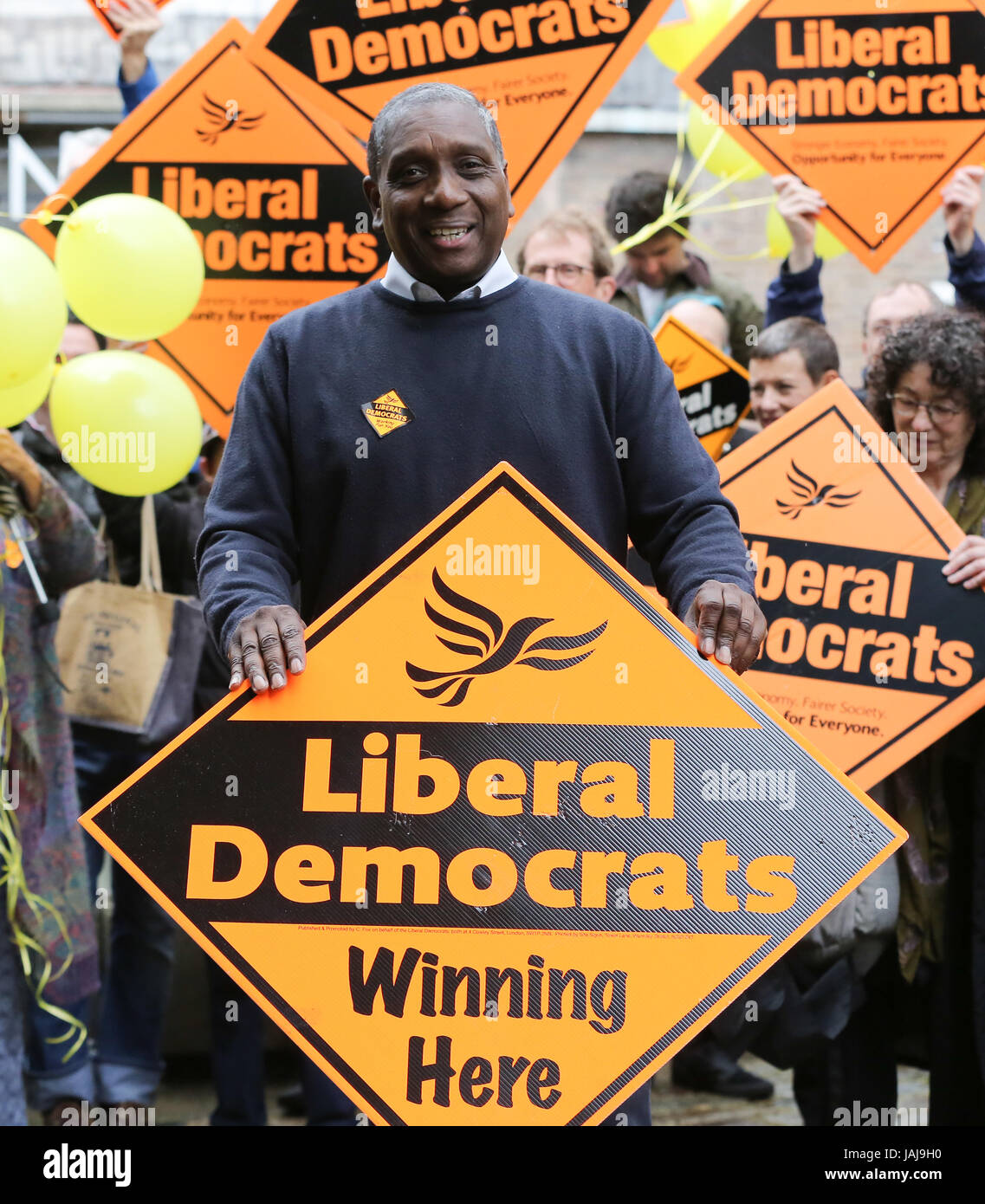 Tim Farron Leader of the Liberal Democrats, campaigns in Hornsey, North London with Lib Dem candidate Dawn Barnes. Seat currently held by Labour’s Catherine West MP.  Featuring: Brian Haley Where: London, United Kingdom When: 01 May 2017 Credit: Dinendra Haria/WENN.com Stock Photo