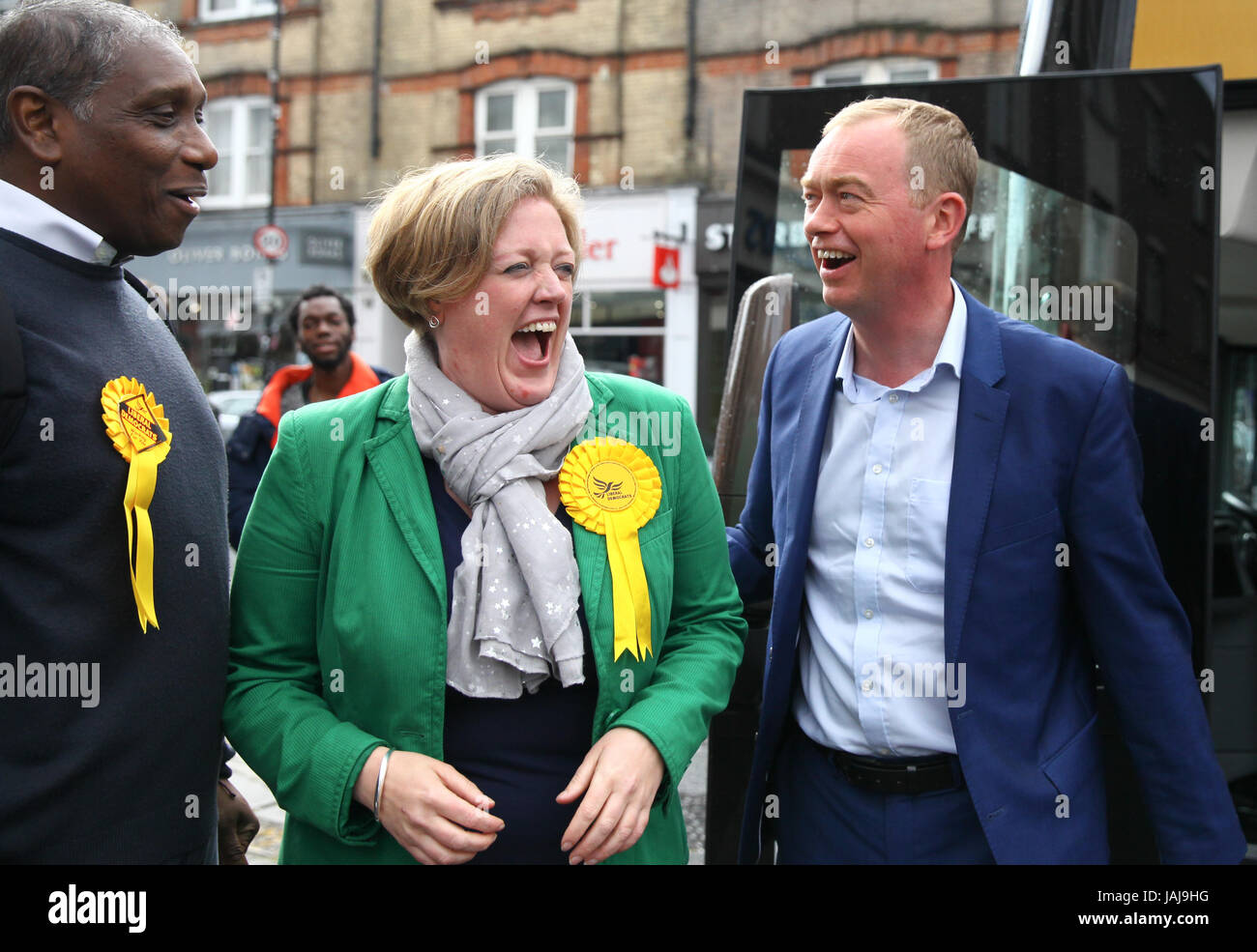 Tim Farron Leader of the Liberal Democrats, campaigns in Hornsey, North London with Lib Dem candidate Dawn Barnes. Seat currently held by Labour’s Catherine West MP.  Featuring: Brian Haley, Dawn Barnes, Tim Farron Where: London, United Kingdom When: 01 May 2017 Credit: Dinendra Haria/WENN.com Stock Photo