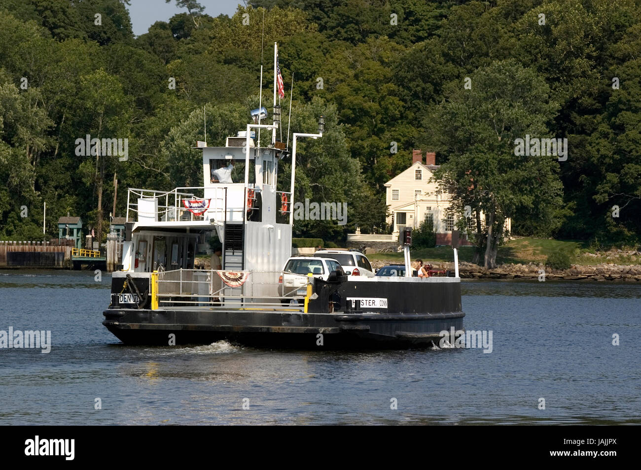 The Chester–Hadlyme Ferry (first crossing 1769) is a seasonal ferry crossing the Connecticut River in the town of Chester, Connecticut, USA Stock Photo