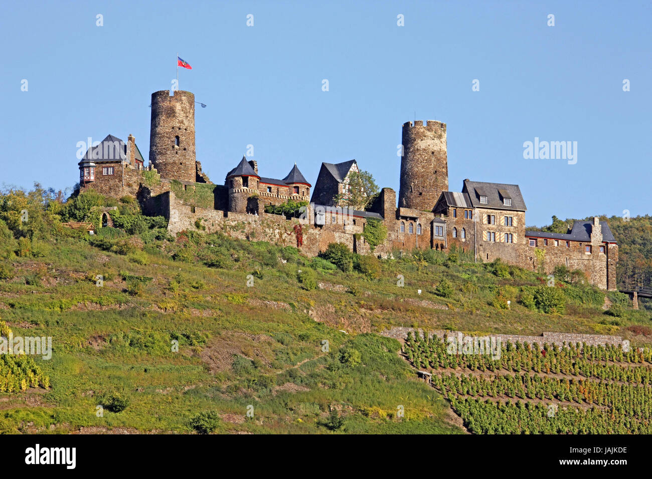 Germany,Rhineland-Palatinate,olefine,castle,outside,wine village,sky,blue,ruin,Middle Ages,towers, Stock Photo