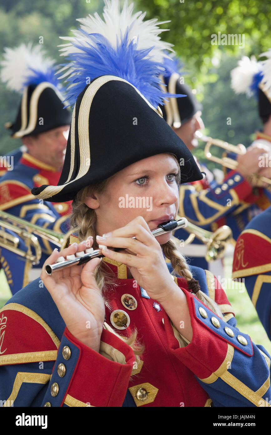 Germany,Bavaria,Munich,October feast,procession,band,girl,uniform,transverse flute, Stock Photo